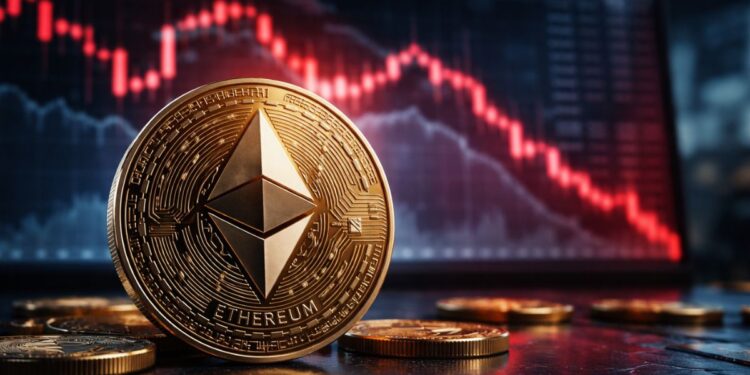 Moneda física de Ethereum frente a gráficos bursátiles en caída, simbolizando la crisis y baja del precio de ETH.