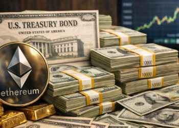 Ethereum junto a bonos del Tesoro de EE. UU., fajos de dólares y lingotes de oro con gráfico financiero al fondo.