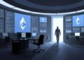 Una sala de control o laboratorio de alta tecnología vacío, con pantallas que muestran el logo de Ethereum (el rombo) y gráficos de código. En primer plano, una silla giratoria vacía girando levemente frente a un escritorio con monitores aún encendidos. Varias sillas más alrededor también vacías. Una sola figura en silueta se aleja de espaldas hacia una puerta iluminada al fondo.