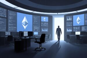 Una sala de control o laboratorio de alta tecnología vacío, con pantallas que muestran el logo de Ethereum (el rombo) y gráficos de código. En primer plano, una silla giratoria vacía girando levemente frente a un escritorio con monitores aún encendidos. Varias sillas más alrededor también vacías. Una sola figura en silueta se aleja de espaldas hacia una puerta iluminada al fondo.