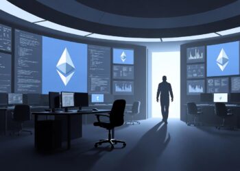 Una sala de control o laboratorio de alta tecnología vacío, con pantallas que muestran el logo de Ethereum (el rombo) y gráficos de código. En primer plano, una silla giratoria vacía girando levemente frente a un escritorio con monitores aún encendidos. Varias sillas más alrededor también vacías. Una sola figura en silueta se aleja de espaldas hacia una puerta iluminada al fondo.