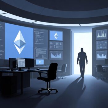 Una sala de control o laboratorio de alta tecnología vacío, con pantallas que muestran el logo de Ethereum (el rombo) y gráficos de código. En primer plano, una silla giratoria vacía girando levemente frente a un escritorio con monitores aún encendidos. Varias sillas más alrededor también vacías. Una sola figura en silueta se aleja de espaldas hacia una puerta iluminada al fondo.