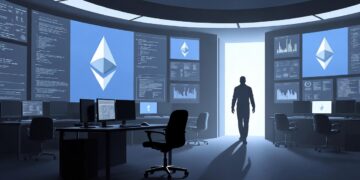 Una sala de control o laboratorio de alta tecnología vacío, con pantallas que muestran el logo de Ethereum (el rombo) y gráficos de código. En primer plano, una silla giratoria vacía girando levemente frente a un escritorio con monitores aún encendidos. Varias sillas más alrededor también vacías. Una sola figura en silueta se aleja de espaldas hacia una puerta iluminada al fondo.