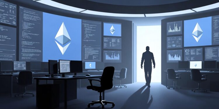 Una sala de control o laboratorio de alta tecnología vacío, con pantallas que muestran el logo de Ethereum (el rombo) y gráficos de código. En primer plano, una silla giratoria vacía girando levemente frente a un escritorio con monitores aún encendidos. Varias sillas más alrededor también vacías. Una sola figura en silueta se aleja de espaldas hacia una puerta iluminada al fondo.