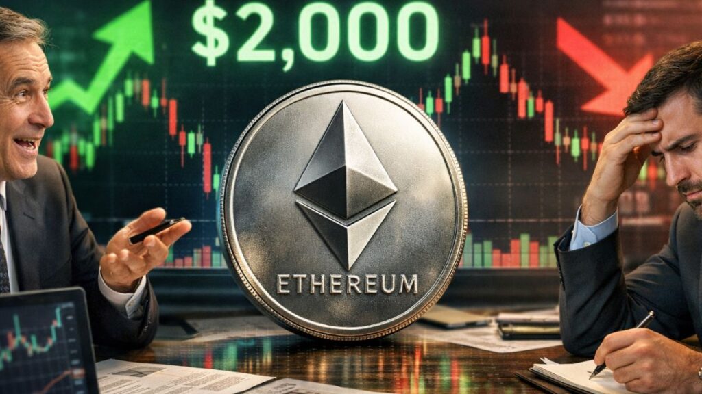 Moneda física de Ethereum y operadores que muestran el debate entre optimismo alcista y preocupación bajista.