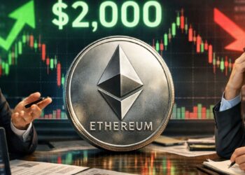 Moneda física de Ethereum y operadores que muestran el debate entre optimismo alcista y preocupación bajista.
