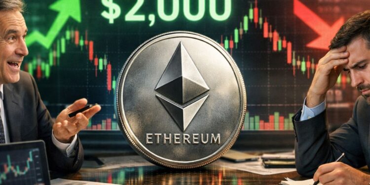 Moneda física de Ethereum y operadores que muestran el debate entre optimismo alcista y preocupación bajista.