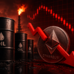 Barriles de petrรณleo frente a una moneda de Ethereum agrietada mientras una gran flecha roja apunta hacia abajo