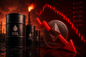 Barriles de petrรณleo frente a una moneda de Ethereum agrietada mientras una gran flecha roja apunta hacia abajo