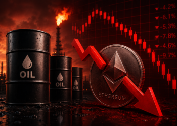 Barriles de petróleo frente a una moneda de Ethereum agrietada mientras una gran flecha roja apunta hacia abajo