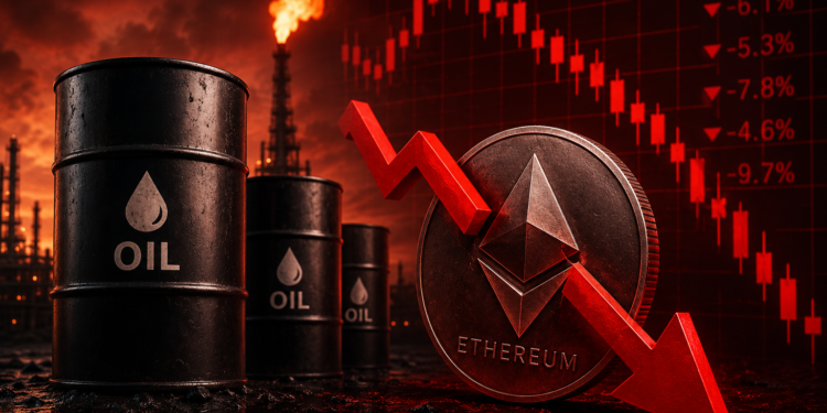 Barriles de petróleo frente a una moneda de Ethereum agrietada mientras una gran flecha roja apunta hacia abajo