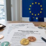 Bitcoin, criptomonedas, papeles que dicen "impuesto uniforme a los criptoactivos", con la bandera de la UE en el fondo.