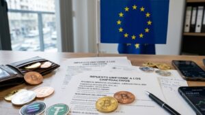 Bitcoin, criptomonedas, papeles que dicen "impuesto uniforme a los criptoactivos", con la bandera de la UE en el fondo.