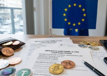Bitcoin, criptomonedas, papeles que dicen "impuesto uniforme a los criptoactivos", con la bandera de la UE en el fondo.
