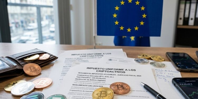 Bitcoin, criptomonedas, papeles que dicen "impuesto uniforme a los criptoactivos", con la bandera de la UE en el fondo.