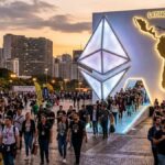 Personas saliendo de un logo de Ethereum gigante, con silueta de Latinoamérica.