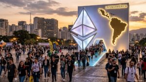 Personas saliendo de un logo de Ethereum gigante, con silueta de Latinoamérica.