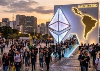 Personas saliendo de un logo de Ethereum gigante, con silueta de Latinoamérica.