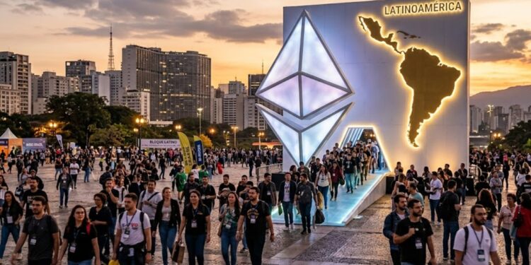 Personas saliendo de un logo de Ethereum gigante, con silueta de Latinoamérica.