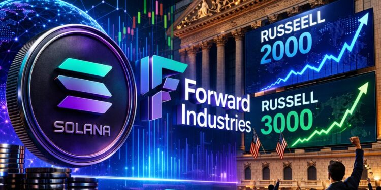 Moneda de solana y logotipo de Forward Industries frente al edificio de la Bolsa de Nueva York.