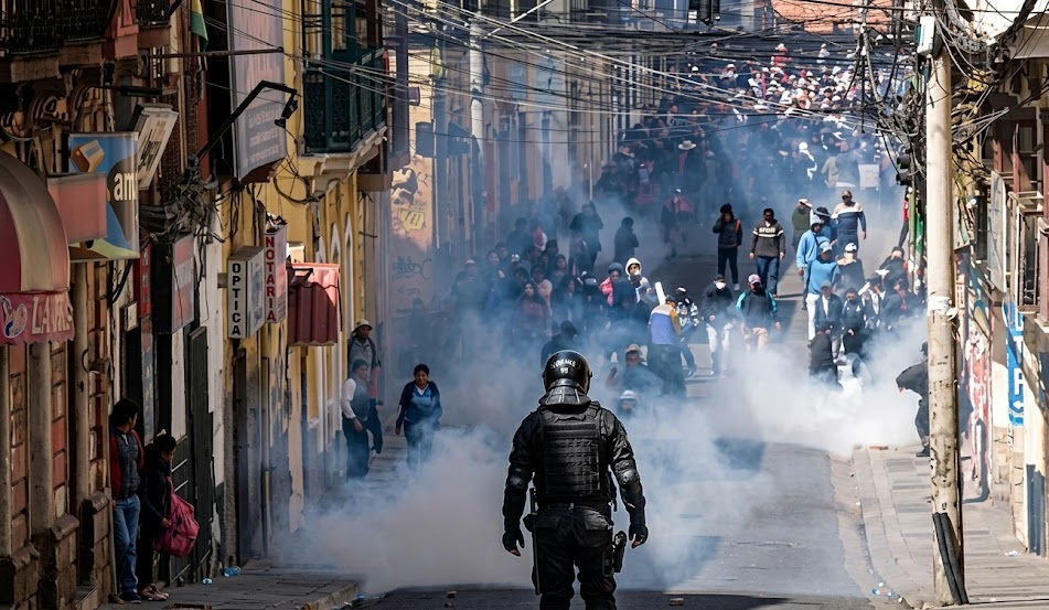 Fotografía de un funcionario policial boliviano en medio de las protestas sociales en La Paz.