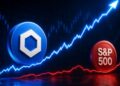 Una moneda de Chainlink y una del S&P 500 sobre gráficos de precios.