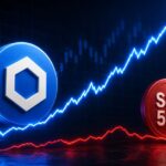 Una moneda de Chainlink y una del S&P 500 sobre gráficos de precios.