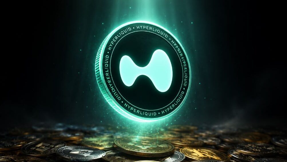 Una moneda física de Hyperliquid encima de varias criptomonedas físicas.