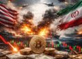 Escalada bélica entre Estados Unidos e Irán con bitcoin, gráficos financieros y explosiones militares.