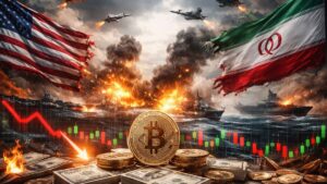 Escalada bélica entre Estados Unidos e Irán con bitcoin, gráficos financieros y explosiones militares.