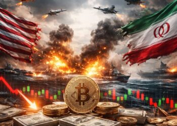 Escalada bélica entre Estados Unidos e Irán con bitcoin, gráficos financieros y explosiones militares.