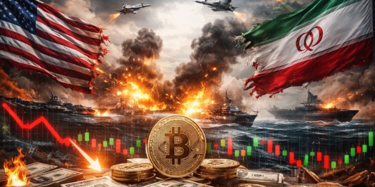 Escalada bélica entre Estados Unidos e Irán con bitcoin, gráficos financieros y explosiones militares.