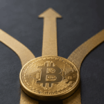 Una moneda de bitcoin y 3 flechas representando 3 caminos.