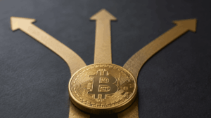 Una moneda de bitcoin y 3 flechas representando 3 caminos.