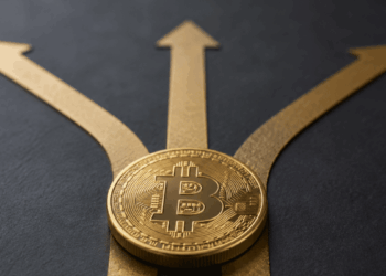 Una moneda de bitcoin y 3 flechas representando 3 caminos.