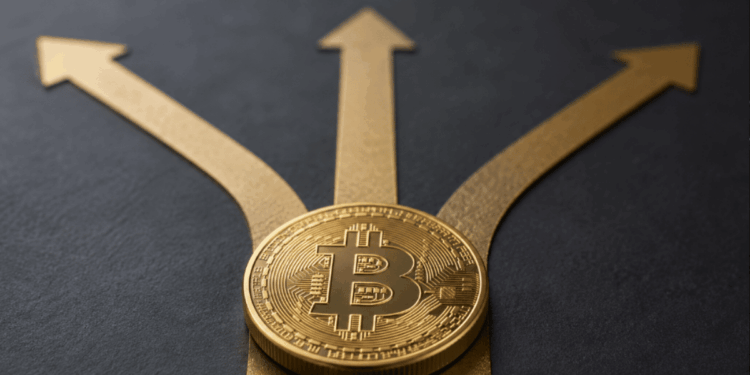 Una moneda de bitcoin y 3 flechas representando 3 caminos.