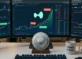 Tres monitores con gráficos de criptomonedas en alza junto a una taza que dice 'FOMO is Real' y una moneda física de hyperliquid.