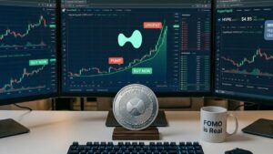 Tres monitores con gráficos de criptomonedas en alza junto a una taza que dice 'FOMO is Real' y una moneda física de hyperliquid.