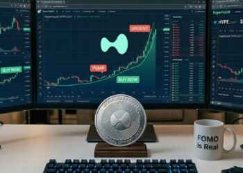 Tres monitores con gráficos de criptomonedas en alza junto a una taza que dice 'FOMO is Real' y una moneda física de hyperliquid.