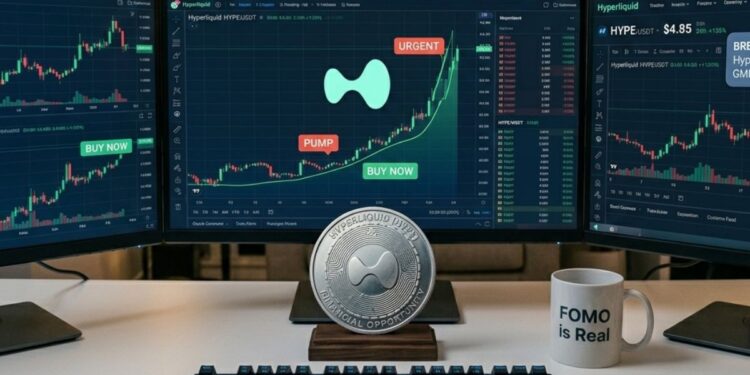 Tres monitores con gráficos de criptomonedas en alza junto a una taza que dice 'FOMO is Real' y una moneda física de hyperliquid.
