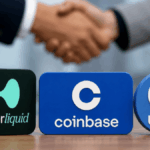 En primer plano: logos de hyperliquid, Coinbase y USDC. En el fondo, un apretón de manos.