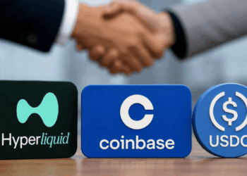En primer plano: logos de hyperliquid, Coinbase y USDC. En el fondo, un apretón de manos.