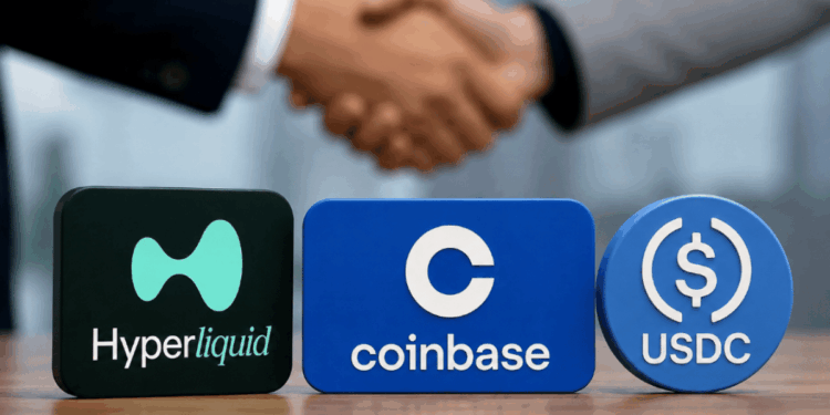 En primer plano: logos de hyperliquid, Coinbase y USDC. En el fondo, un apretón de manos.