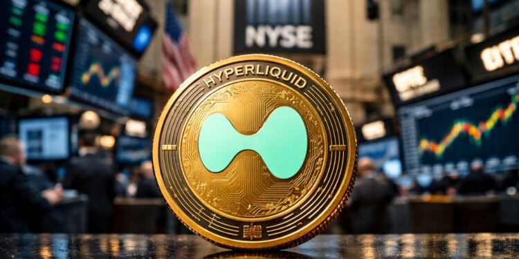Moneda de hyperliquid frente al NYSE y pantallas bursátiles en Nueva York.