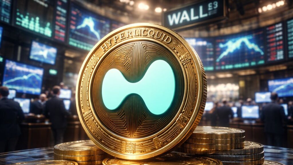 Moneda de hyperliquid dorada con logo oficial en Wall Street y pantallas con gráficos.