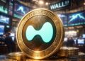 Moneda de hyperliquid dorada con logo oficial en Wall Street y pantallas con grรกficos.