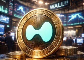 Moneda de hyperliquid dorada con logo oficial en Wall Street y pantallas con gráficos.