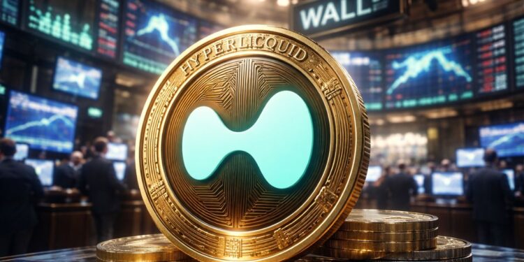 Moneda de hyperliquid dorada con logo oficial en Wall Street y pantallas con gráficos.