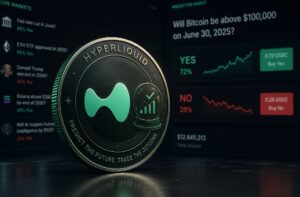 Una moneda física de Hyperliquid rodeada de apuestas de mercados de predicción.