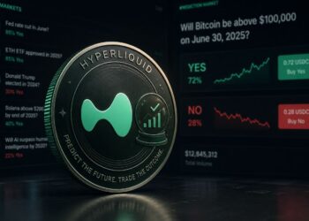 Una moneda física de Hyperliquid rodeada de apuestas de mercados de predicción.
